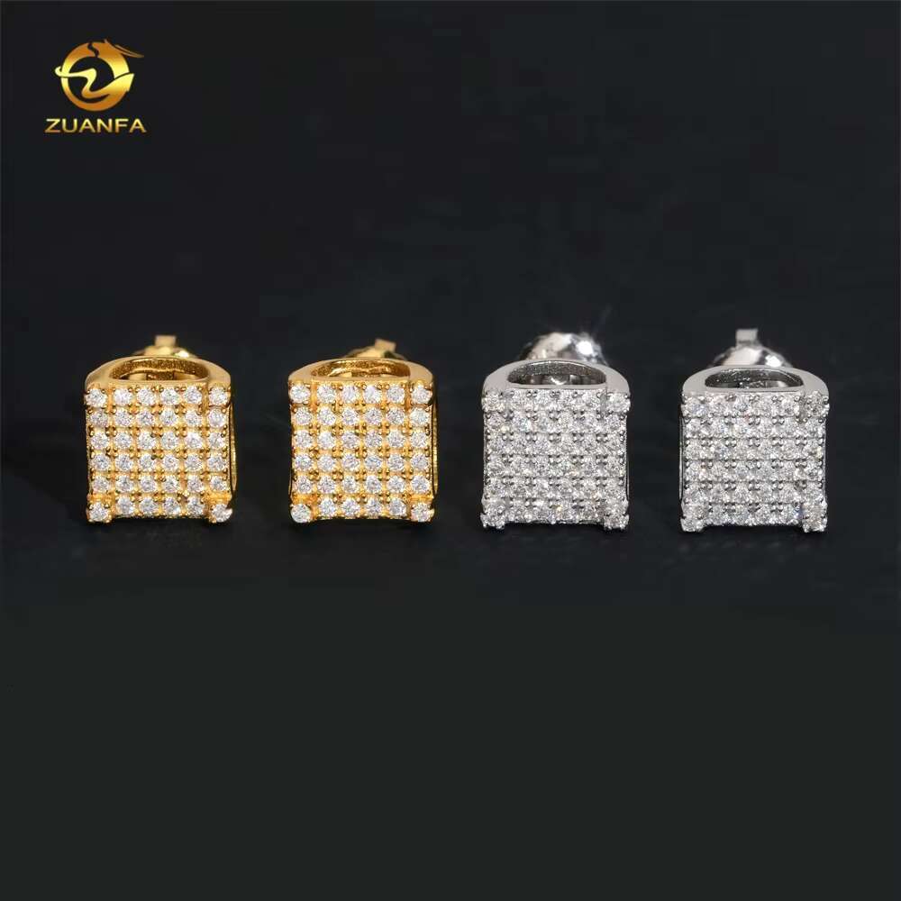 Hip Hop Square Stud 925 Sterling Silver Men Screw Back Iced Out Moissanite Earrings
