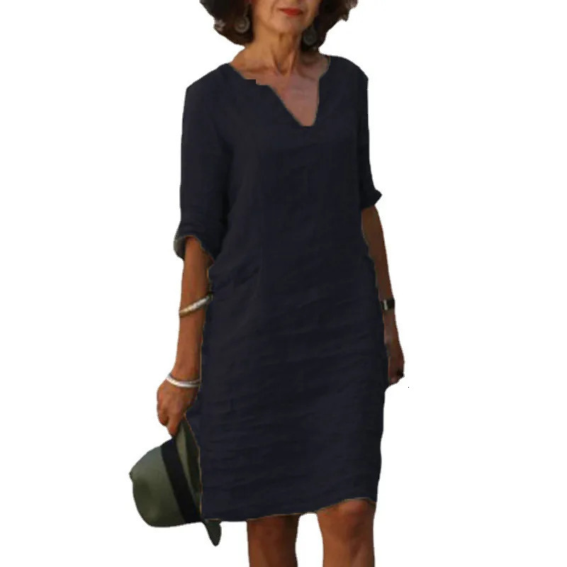 Retro solid mini dress womens summer Vneck onethird sleeve pure cotton linen party casual vest 250409