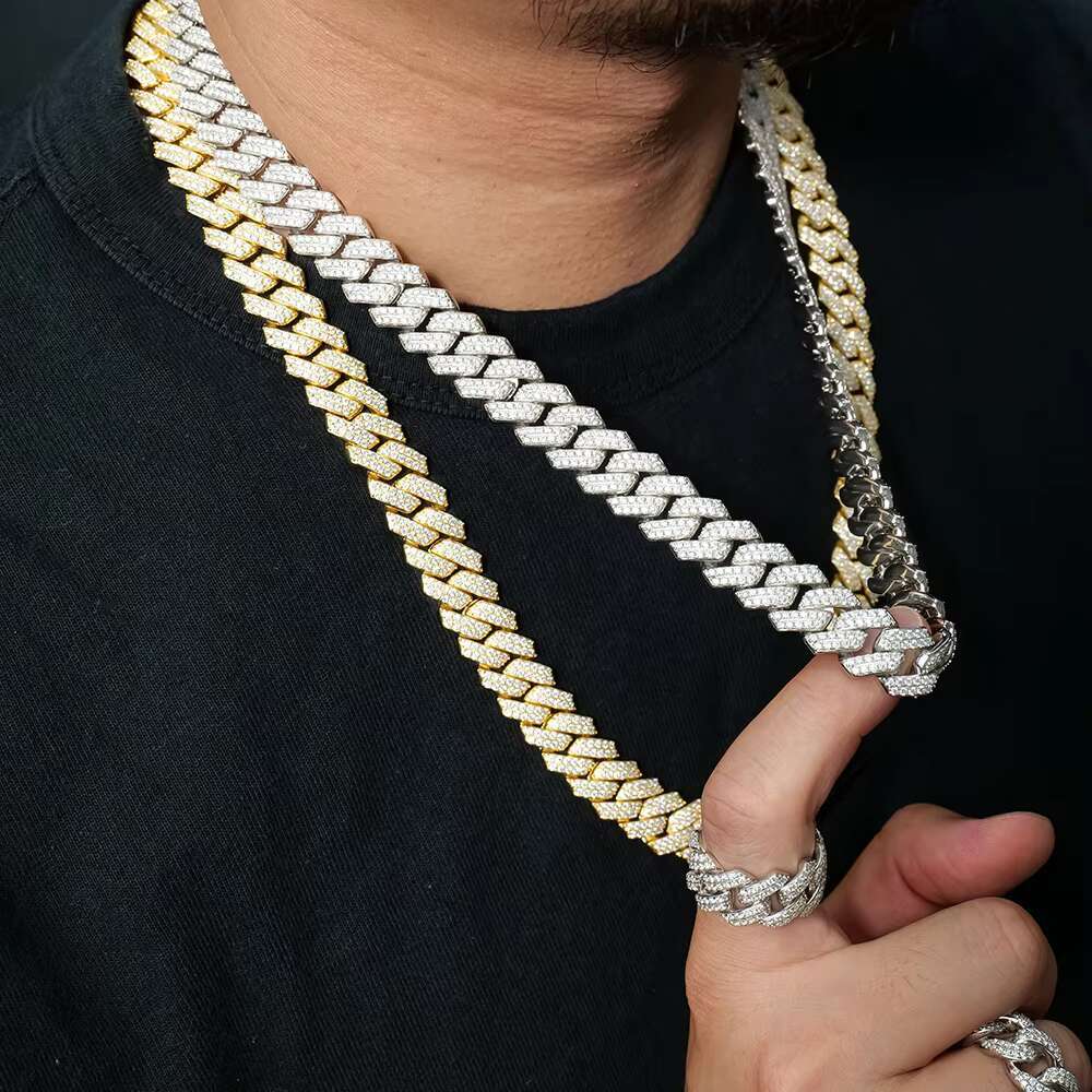 Iced Out Hip Hop Vvs1 Moissanite 2 Rows 14mm Miami Cuban Necklace 925 Sterling Silver Diamond Moissanite Cuban Link Chain