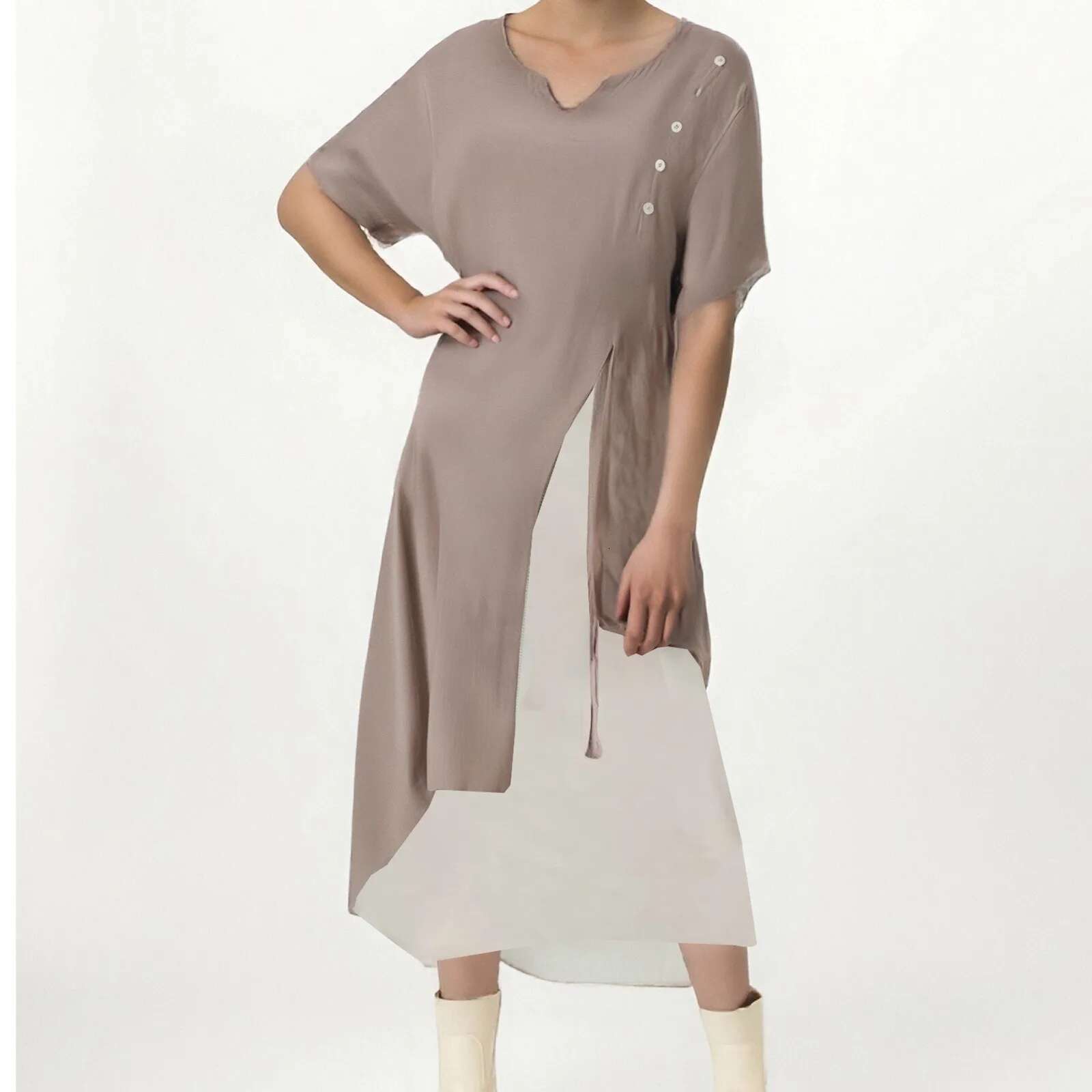 Dongdumaoyi Summer Midi Dress Women Fake Two Piece Casual Streetwear Button V Neck Loose Solid Asymmetric Dresses