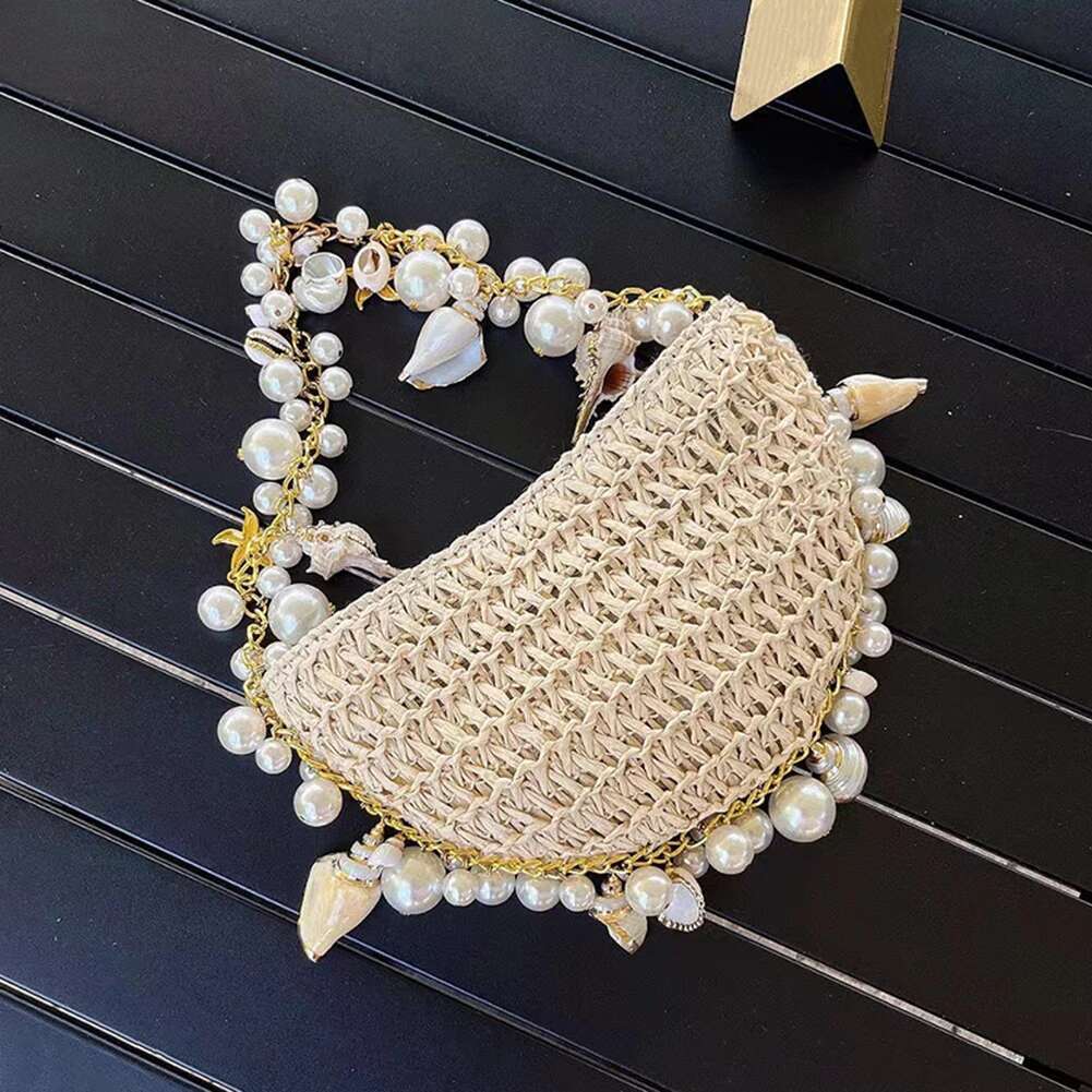 Women Pearl Clutch Wrist Handbags Large Capacity Simple Evening Straw Shoulder Handbag Outdoor Travel Bag