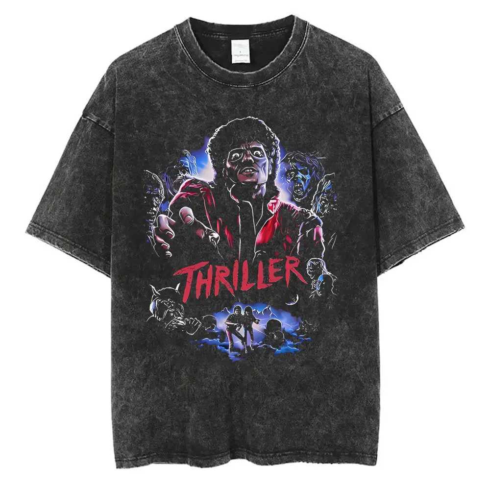 Washed Vintage Thriller Graphic T-shirt Mens Fashion Retro Gothic Rock T-shirt Mens Punk Oversized T-shirtXJ250409