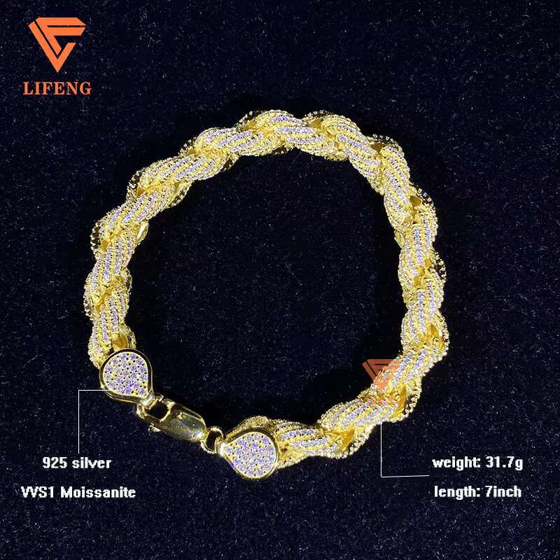 Custom Hand Make VVS Moissanite Diamond 8mm Gold Plated 925 Solid Silver Rope Chain Bracelet for Cuban Link Chain