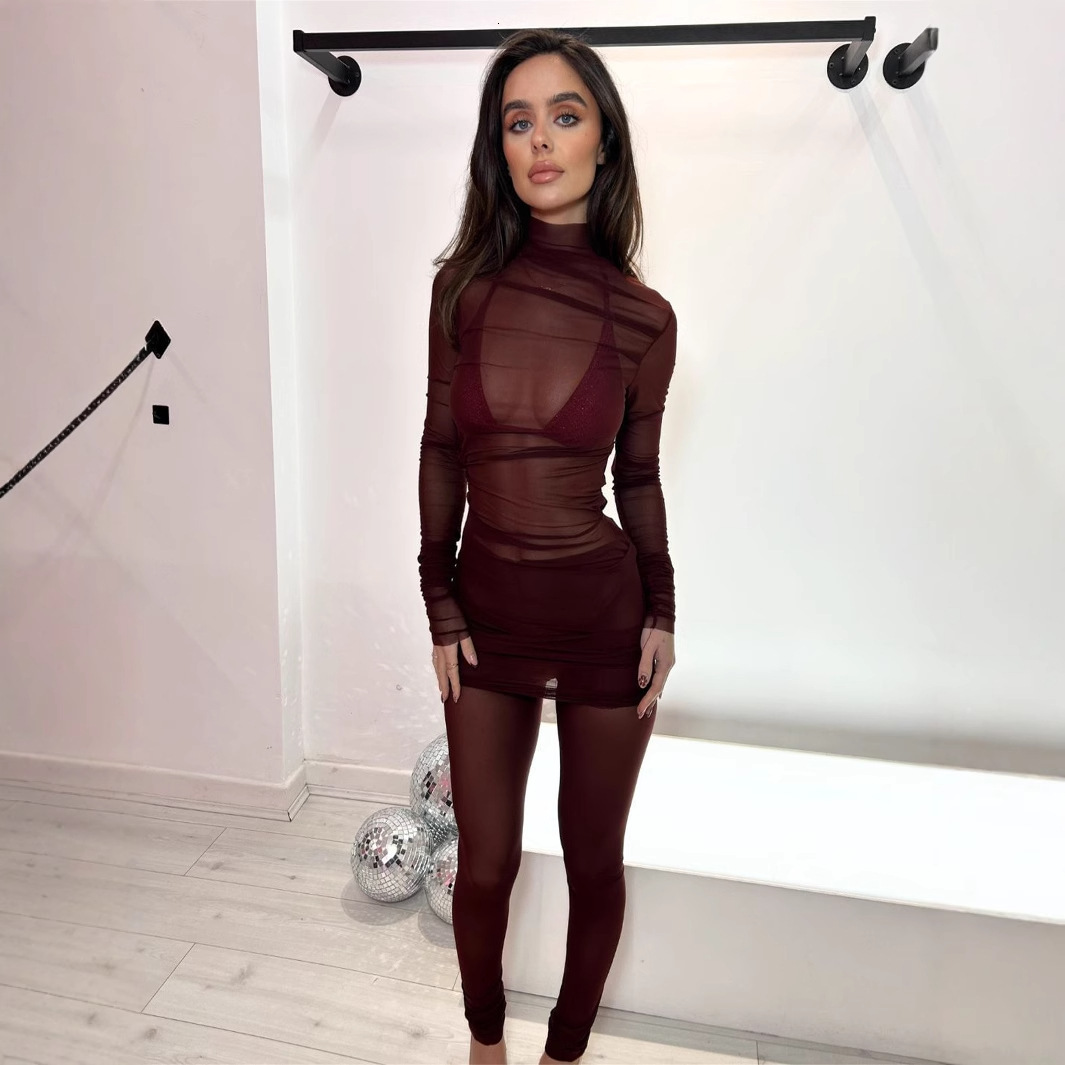 2025S Designer Women S Set New Solid Color Fashionable Mesh See Through Slim Fit Sexy Waist Cinching Sleeved High Neck Long Pants Set