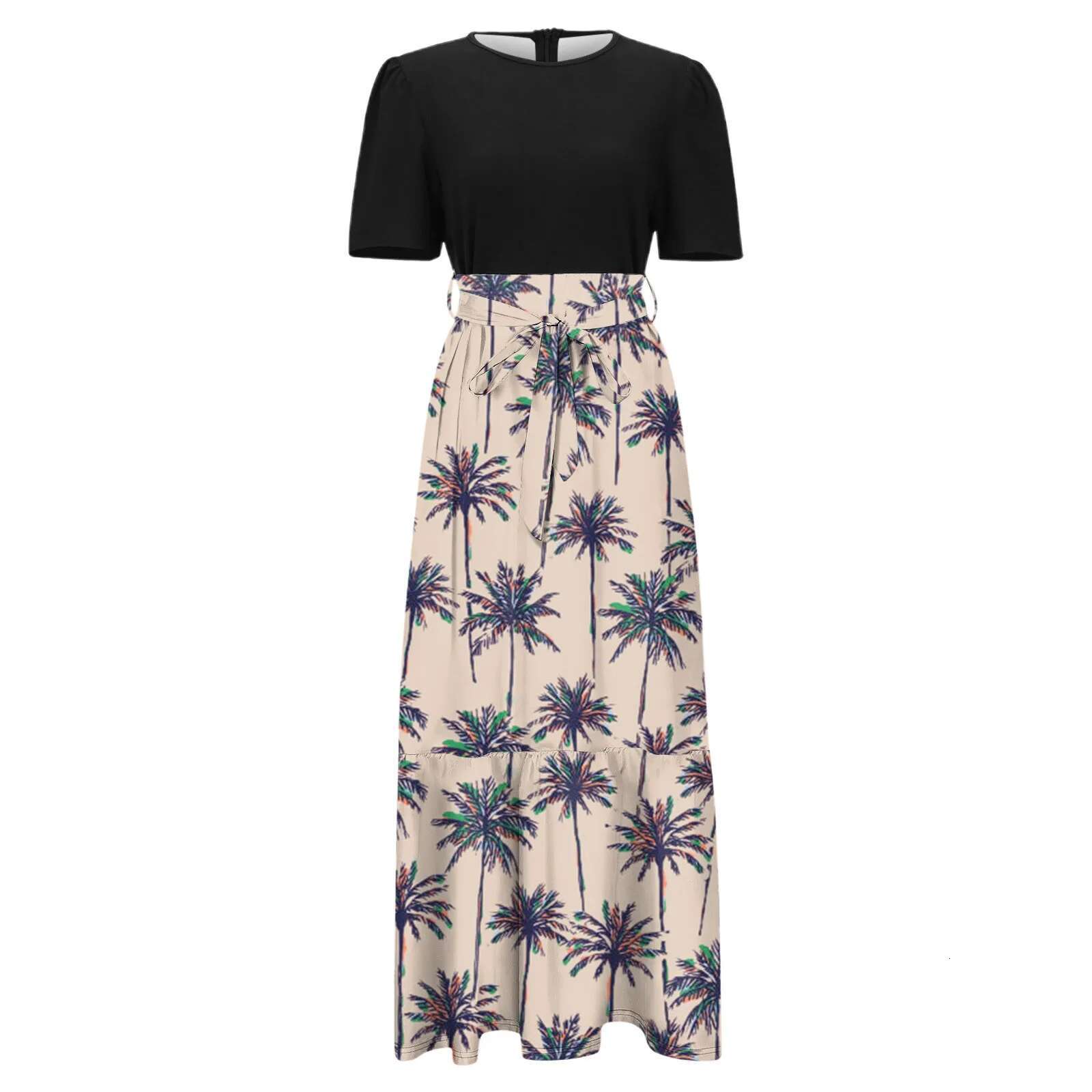 Dongdumaoyi Coconut Tree Printed Short Dress For Women O Neck Sleeve Swing Sundress Bohemian Style Summer Beachwear Lady Robe
