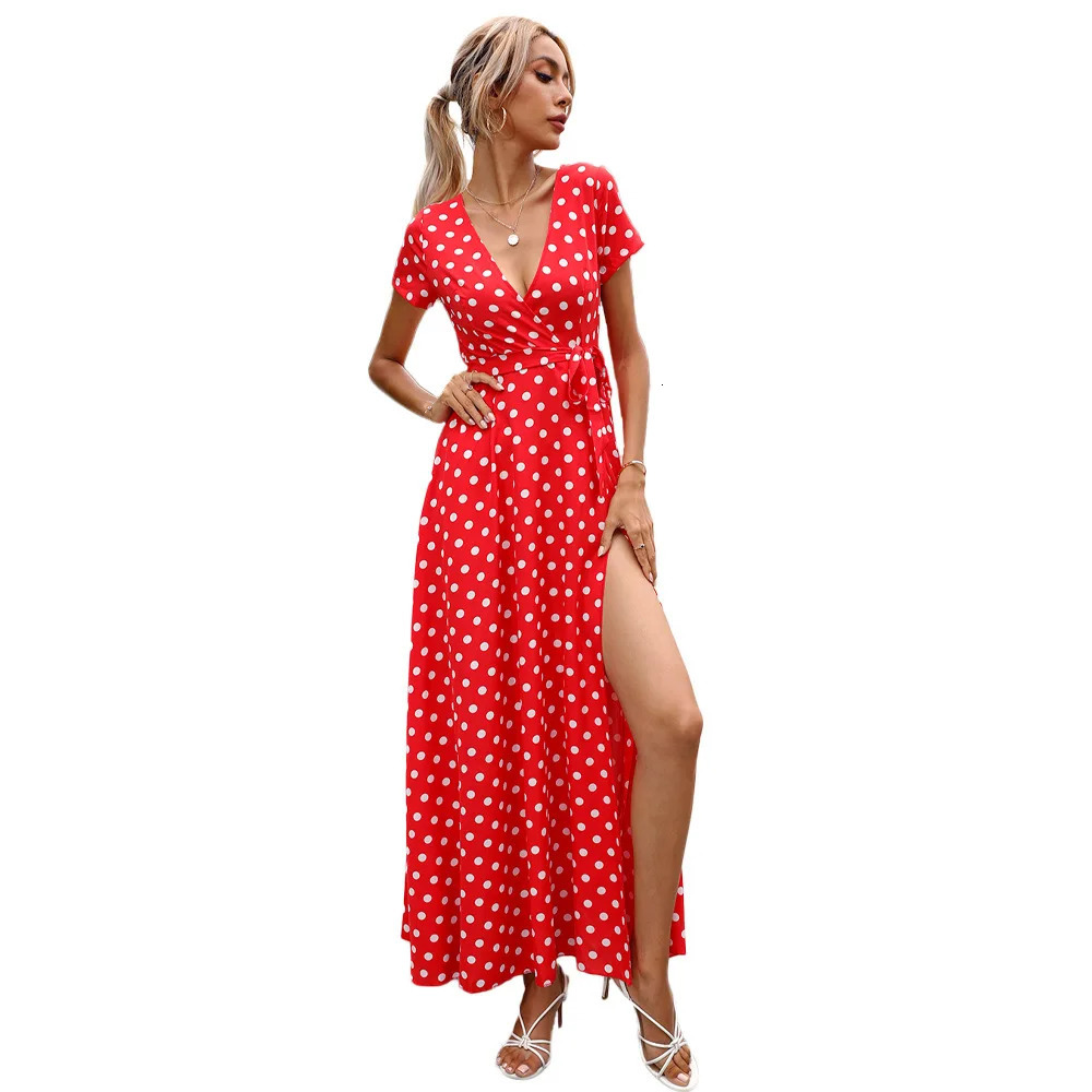 Womens Summer Dress with Polka Dot Smooth Vneck Printed Holiday Beach Fashion Bohemian Aline 250409
