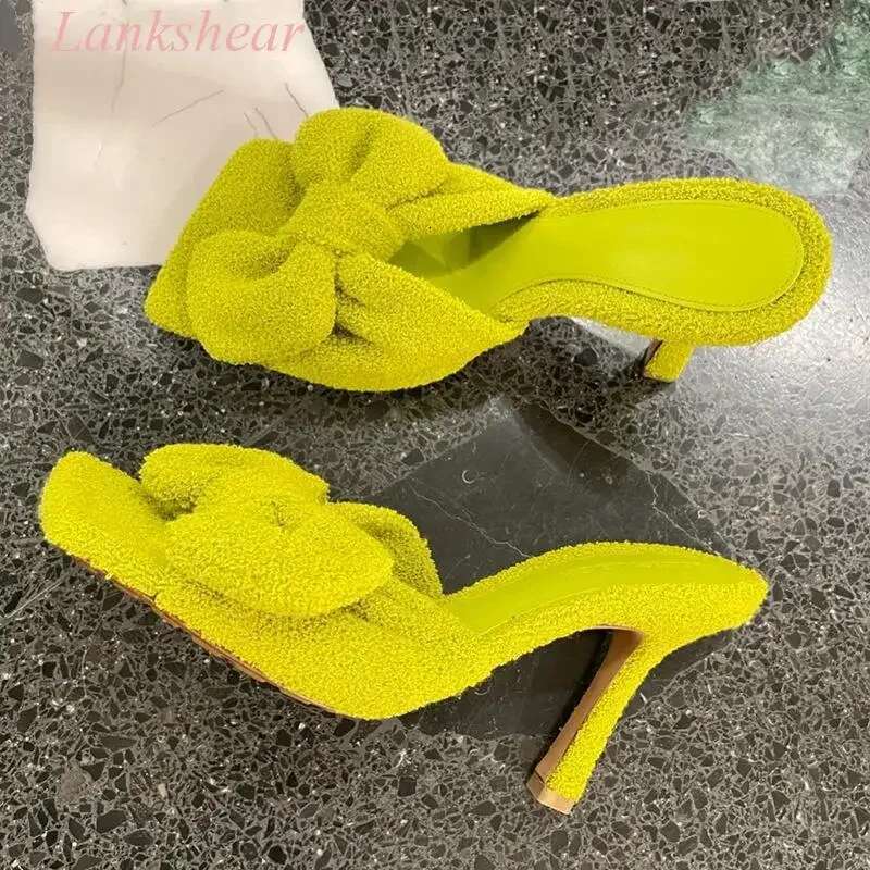 New Designer Shoes For Women Stretch Bow-Embellished Terry Pules Slippers Stiletto Sandals Handmade High Heel Size