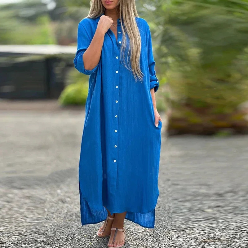 spring womens lapel long sleeved skirt casual cotton linen button up shirt holiday 250409