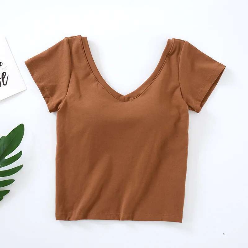 Sexy Cotton Short-Sleeve T-Shirt with Chest Pads Women's Summer One-Piece Short V-Neck Slim Tops