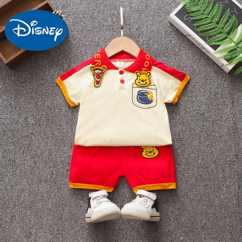 Disney Childrens wear childrens suit boys and girls Tigger Cartoon Bear Lapel color matching short sleeve shorts baby two-piece setXJ250409