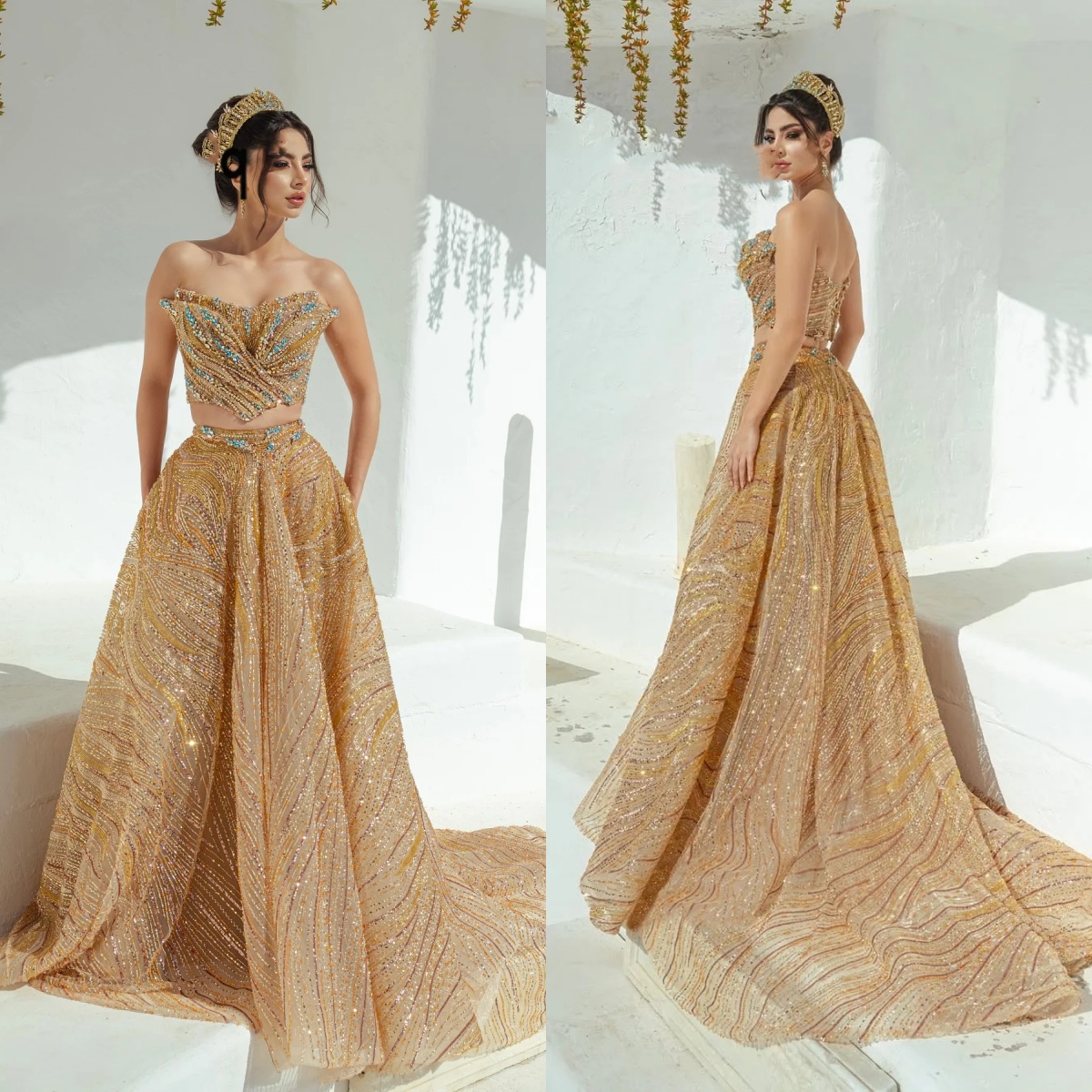 Designer Evening Dresses Strapless Sleeveless Two Pieces Dress Sequins Crystal Sweep Train Gown Party Customized
