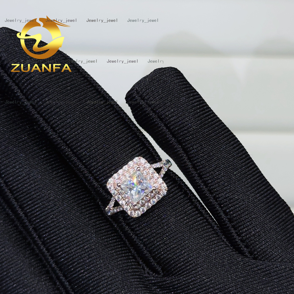 Princess Cut Halo Moissanite Diamond Wedding Ring for Women 14k Rose Gold VVS Moissanite Engagement Ring Fashion Hip Hop Ring