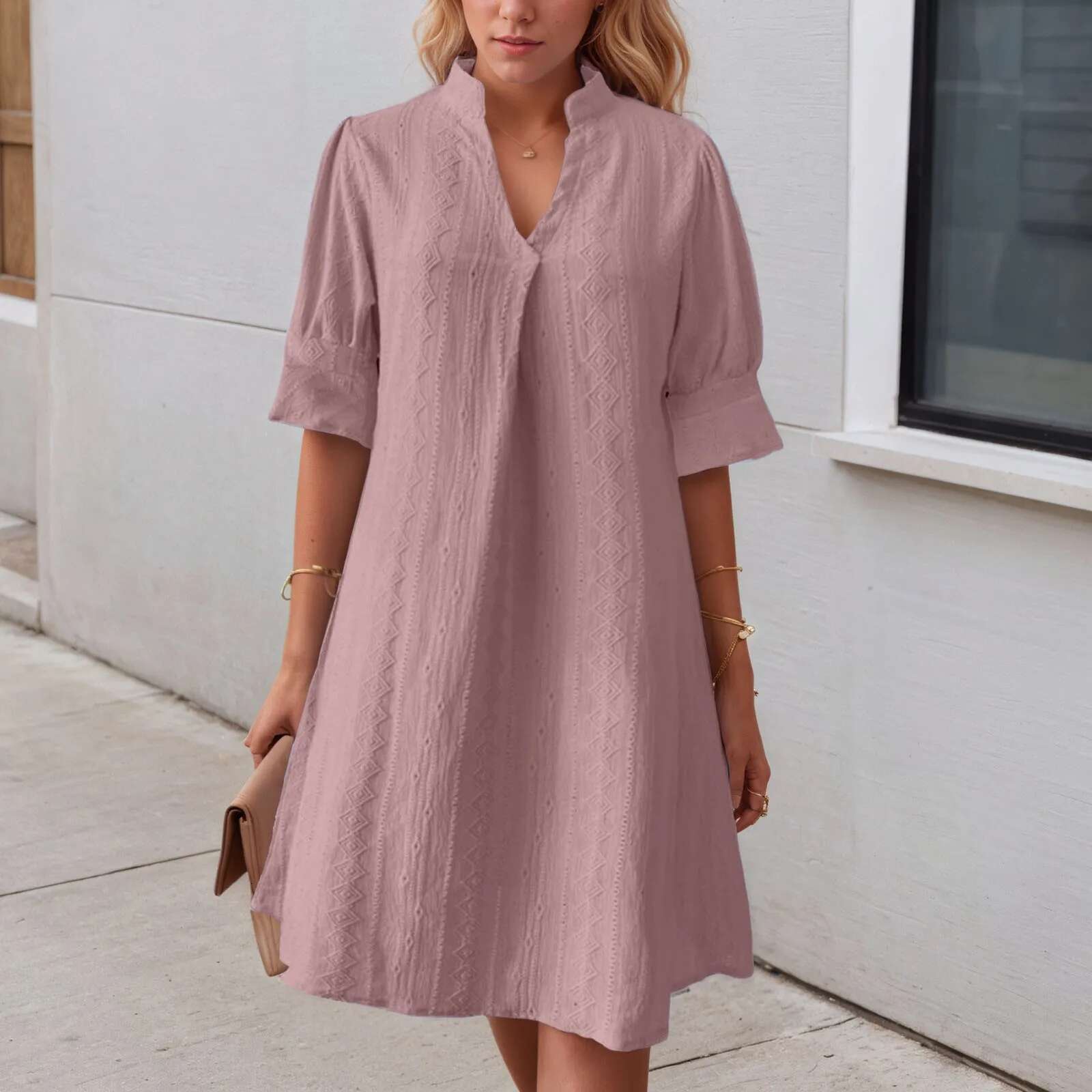 Dongdumaoyi Women Casual Dress Solid Color Jacquard Sleeveless V Neck Loose Half Sleeve Fit Short Vacation Sundress Summer