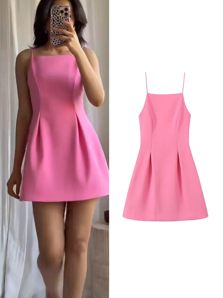 TFMLN Elegant Womens Pink spaghetti Shoulder Strap Dress Summer Ultra Thin Short Skirt Party Fashion ALine 250409