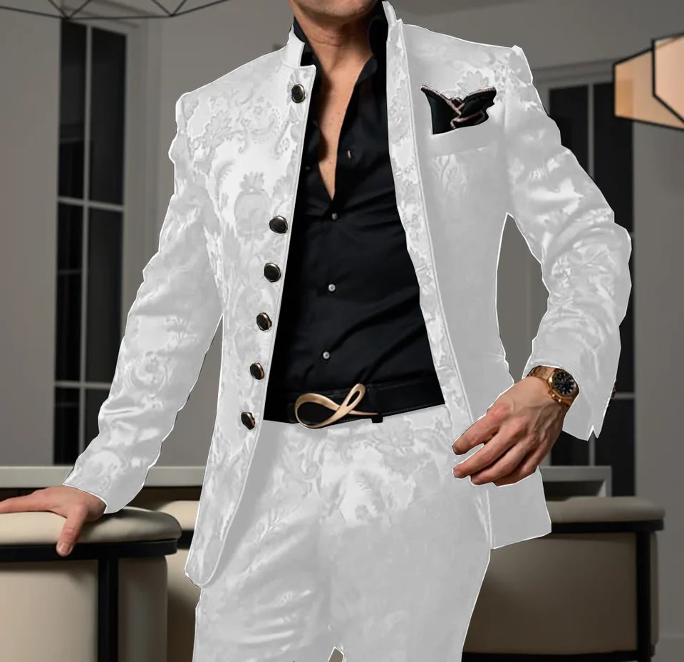 Pattern Black Mens Set 2-piece Jacket Pants Wedding Groom Evening Dress Stand up Collar Jacket Classic Jacquard Set 250408