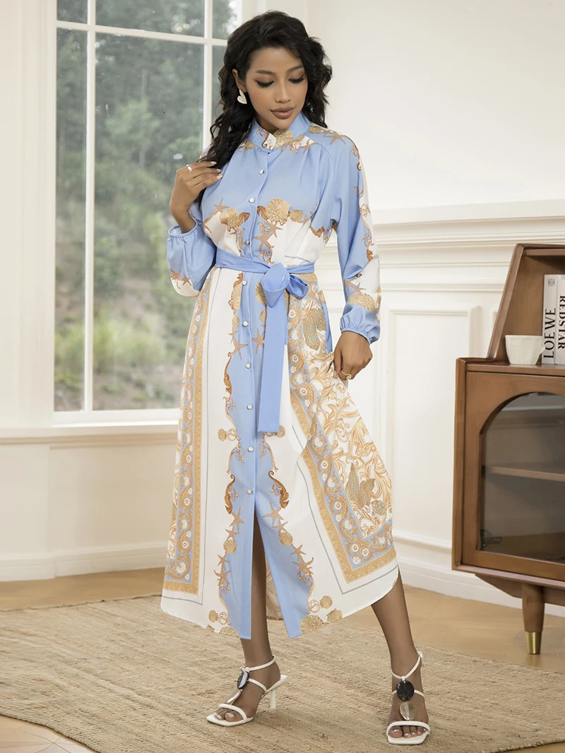 Elegant womens long sleeved belt dress stylish geometric print highquality polyester suitable for all seasons 250409