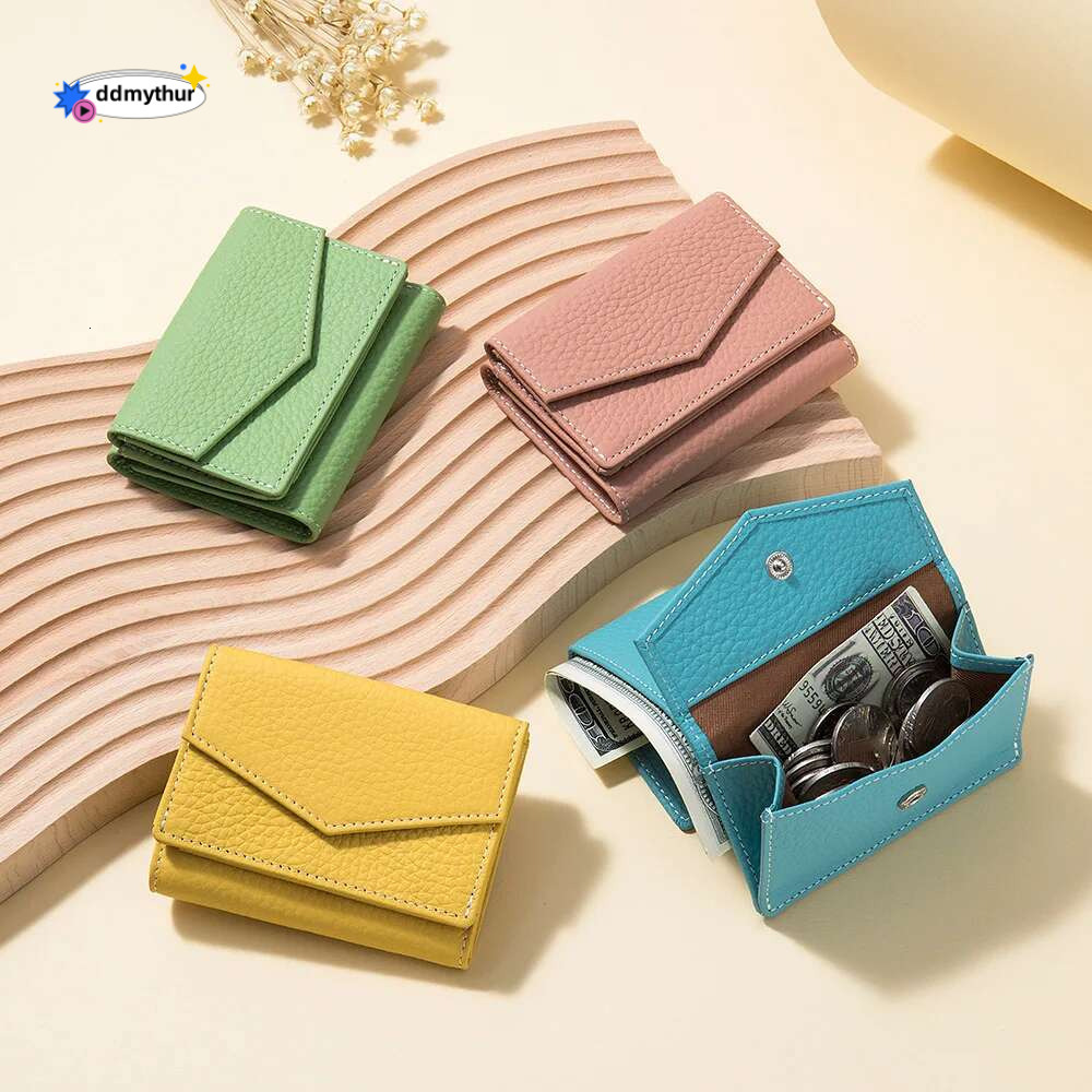 Genuine Leather Clutch Short Wallet Bags Cowhide Small Hand Coin Purse Card Holder Key Lipstick Storage Pouch Case For Men Women ddmythur