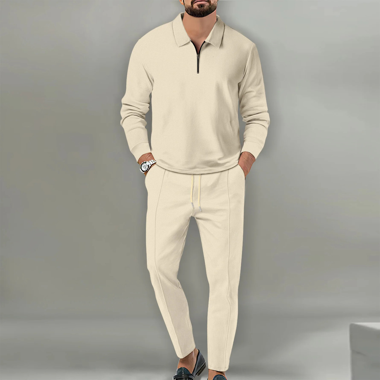 mens spring and autumn waffle biscuit solid color half zipper long sleeved polo shirtsports pants twopiece set 250409