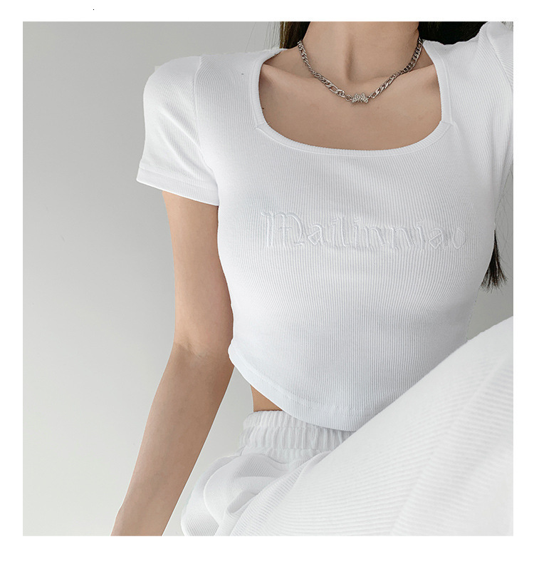 2025S Designer Women S T Shirt American Letter Embroidery Slim Fit Bottom Shirt Square Neck Low Chest Collar Short Sleeve T Shirt Open Navel High Wais