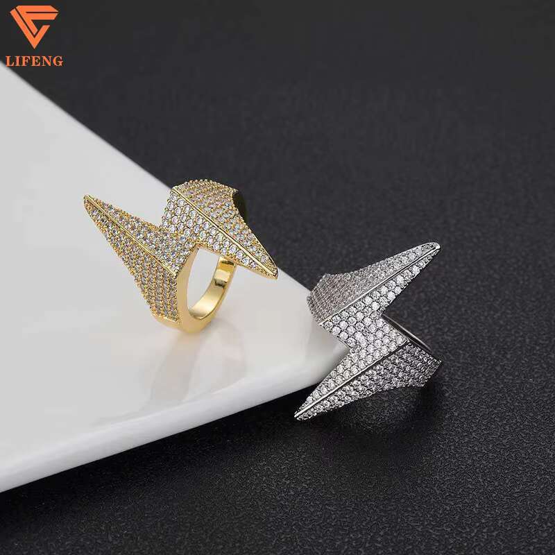 Wholesale Fashion Jewelry 925 Sterling Silver Hiphop Lightning Finger Ring 14k Gold Plated Iced Out VVS Moissanite Mens Ring