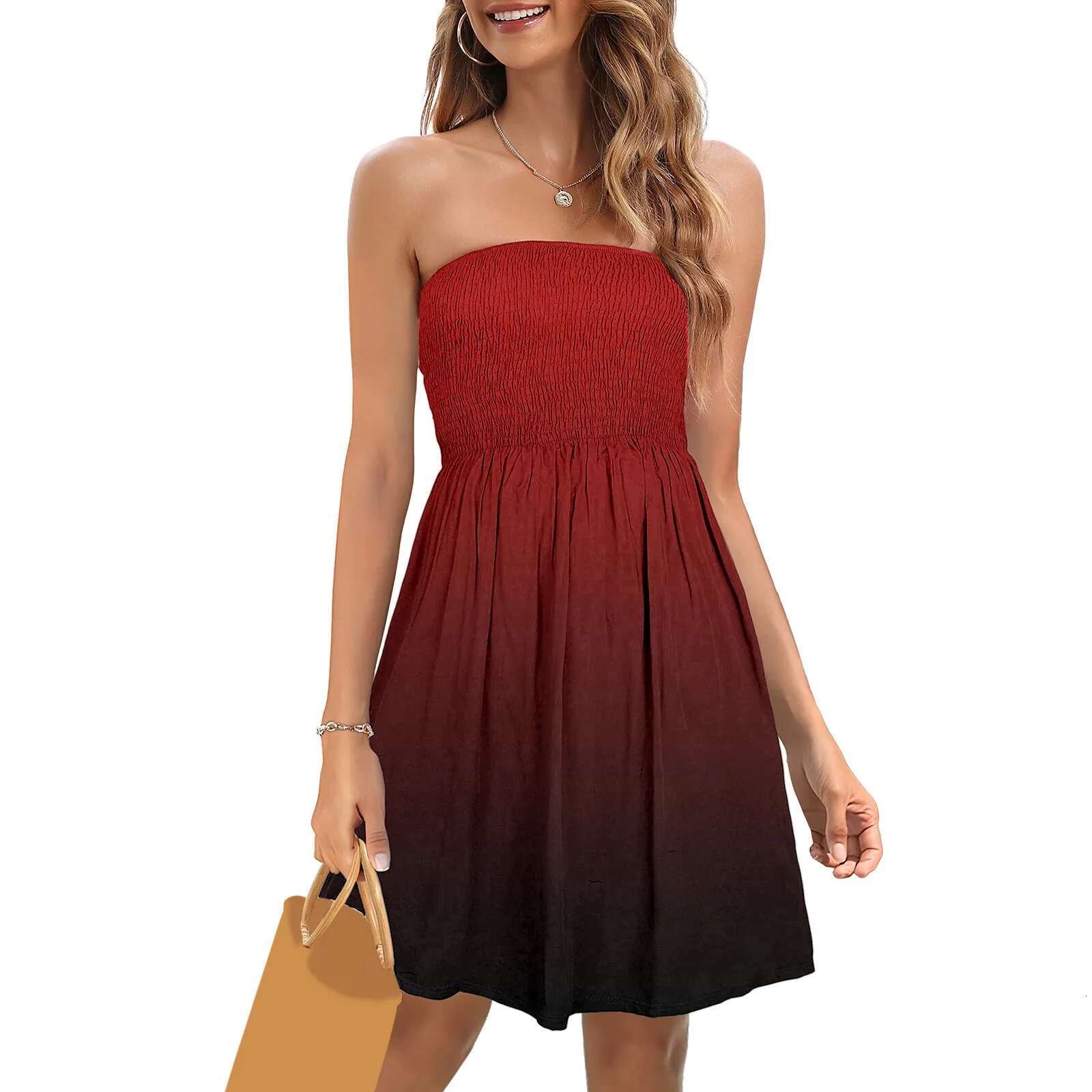 Dongdumaoyi Women S Summer Strapless Mini Dresses Gradient Smocked Casual Beach Tube Top Dress Cover Ups For Swimwear Bandeau Sundress