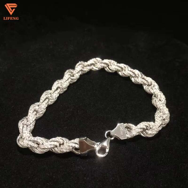 Fashion Jewelry White Gold 925 Sterling Silver Bracelet Iced Out 8 mm VVS Moissanite Hip Hop Rope Chain Charm Bracelet for Men
