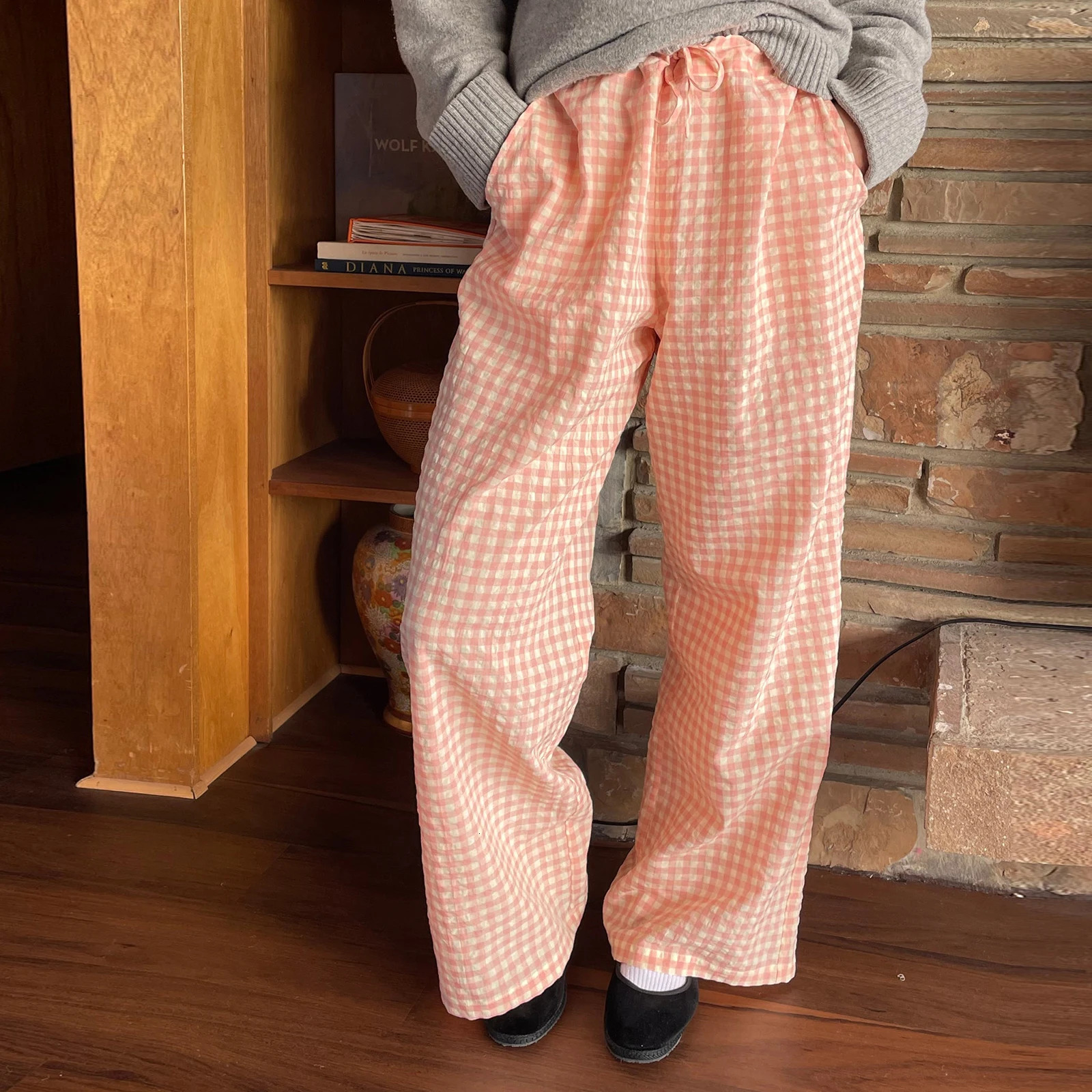 Gaono Comfy Wide Leg Pants Vintage Elastic Waist Plaid Striped Print Pants Women Lounge Trousers Pockets 00s Retro Pajams Bottom 250409