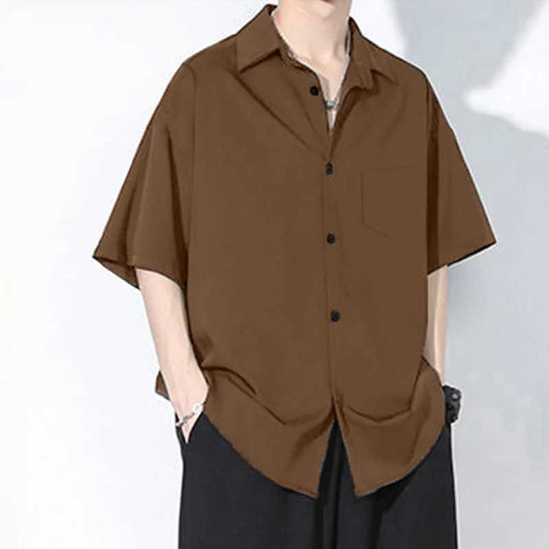 Mens summer silk short sleeved dress high-end loose fit casual solid color mens shirt W250408