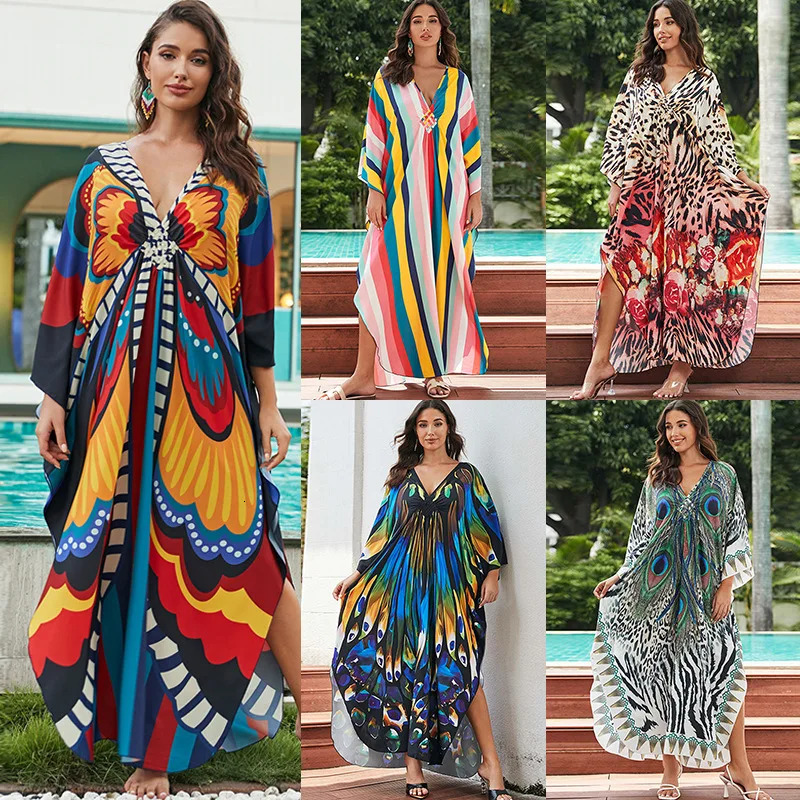 womens ethnic printed Kaftan beach dress swimsuit plus size covering wear 250409
