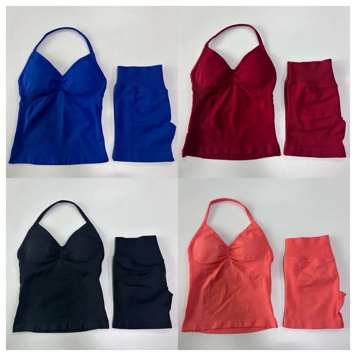 Impact Solid Color Yoga Set 2 with Cami Top and Ribbed Seamless Shorts 4-Way Stretch for Summer Fiess Pilates Gym
