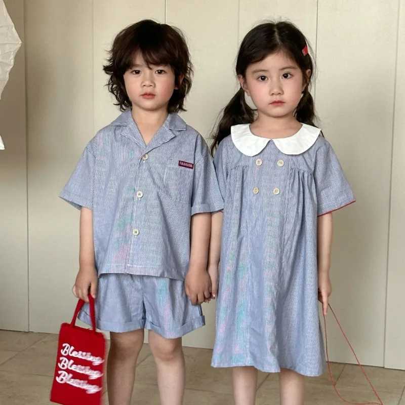 Brothers and sisters clothing summer plaid childrens lapel shirt+shorts boys 2PCS girls baby collar dress 1-8Y childrens clothing S2548
