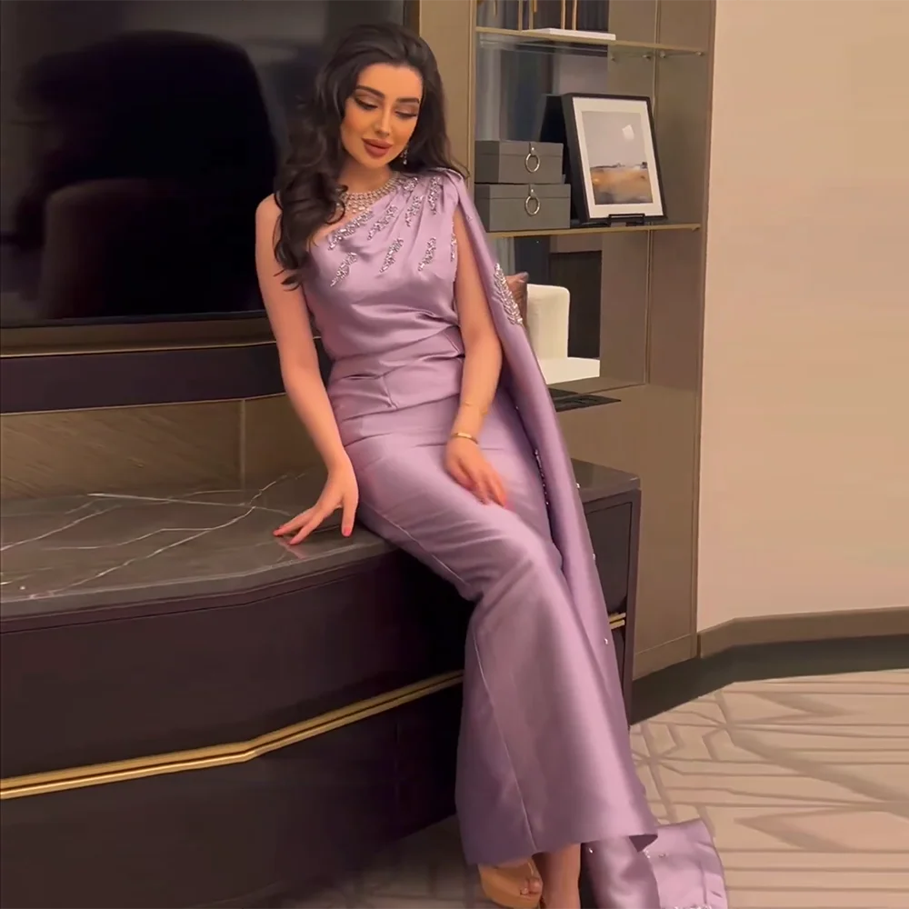 Arabic One Shoulder Dubai Evening Dress with Cape Ankle Length Women Prom Dress Guest Party Gown Plus Size For Special Occasion Vestido De Noite