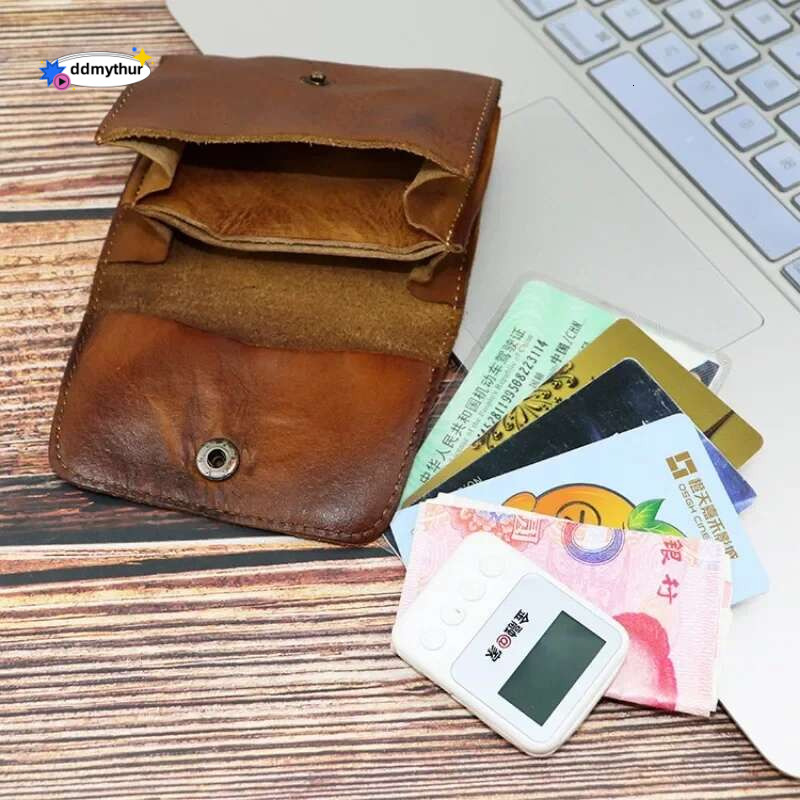 Genuine Leather for Men Women Vintage Handmade Short Credit Card Case Purse with Coin Pocket Small Slim Wallet Male ddmythur