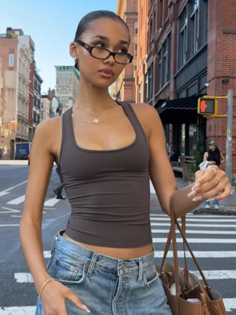 Womens Fashion Solid Tank Top Sleeveless Tshirt Square Collar Tight corset Y2K Grey 250409