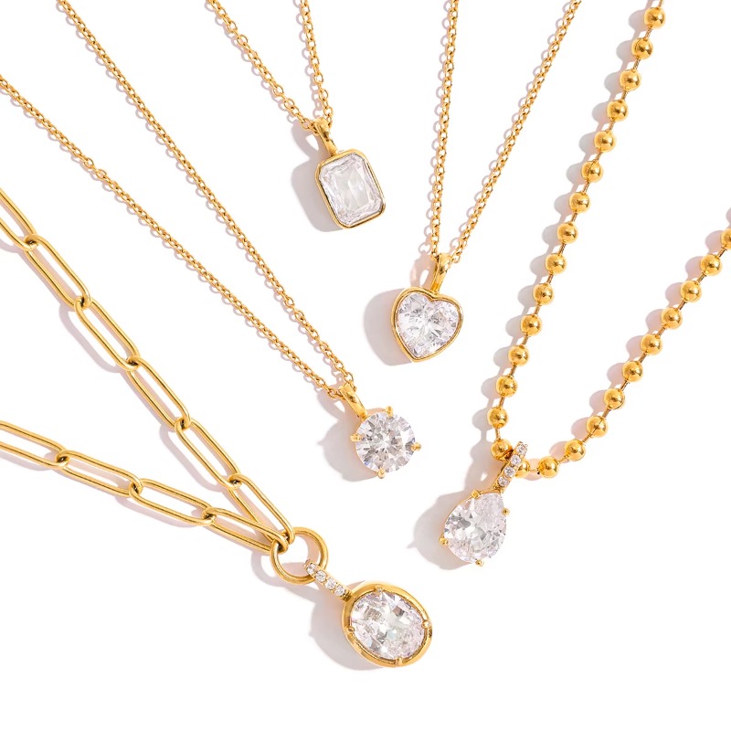 Women Fashion 18K Gold Dainty Delicate White Zircon Bead Chain Ring Pendant Necklace