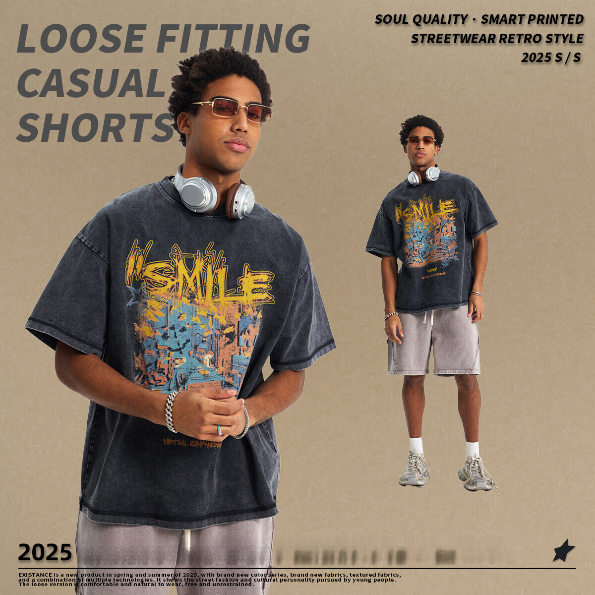 Chain fashion men's clothing | 2025 spring/summer street vintage printed T-shirt hip-hop niche washed loose cotton short sleeved shirt