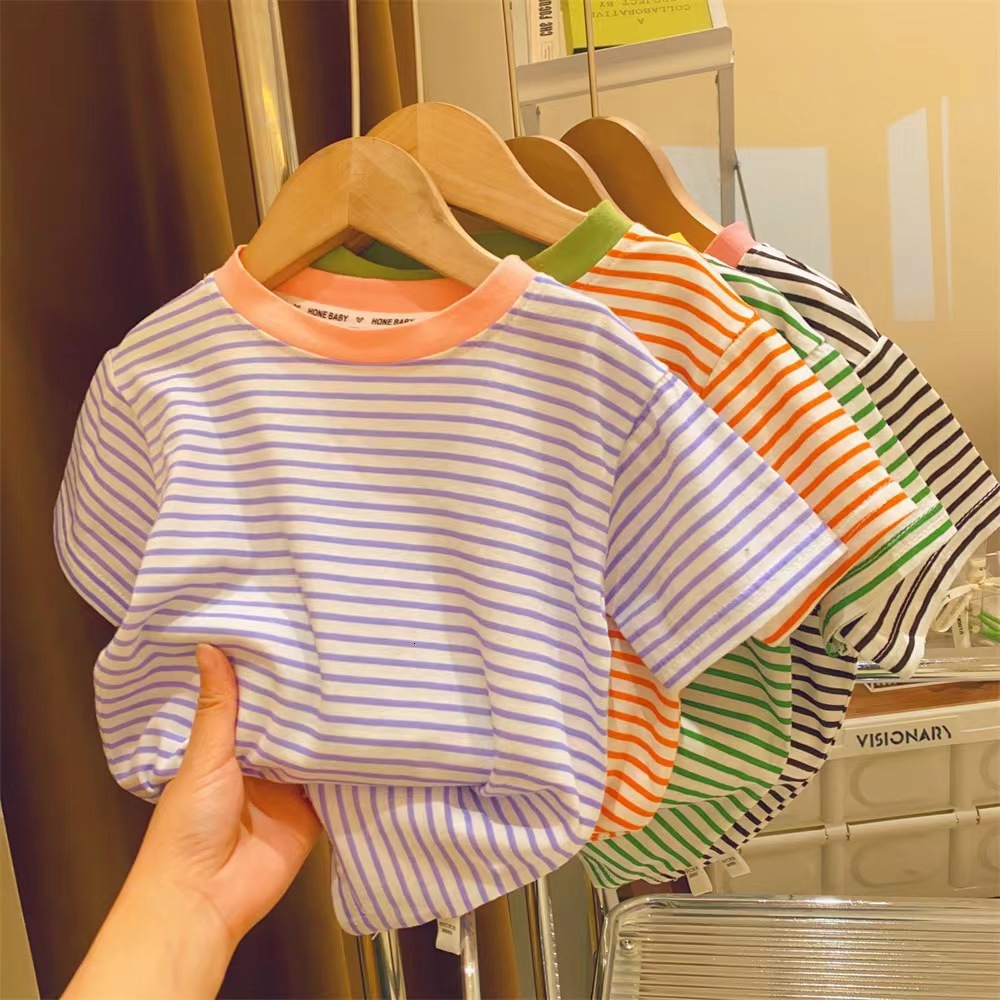 Ddmyshoesvip Girls Summer Short New Pure Cotton Striped Round Neck Casual T Shirt Baby Thin Half Sleeved Base Shirt Trend