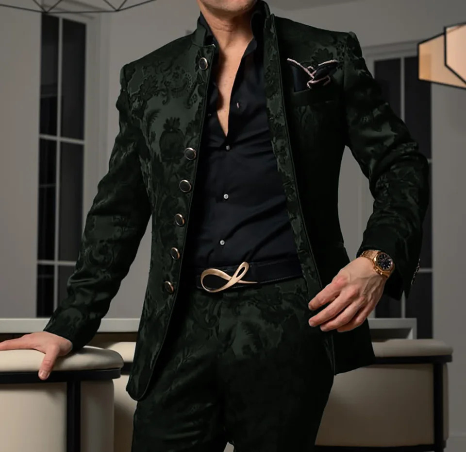 Pattern Black Mens Set 2-piece Jacket Pants Wedding Groom Evening Dress Stand up Collar Jacket Classic Jacquard Set 250408
