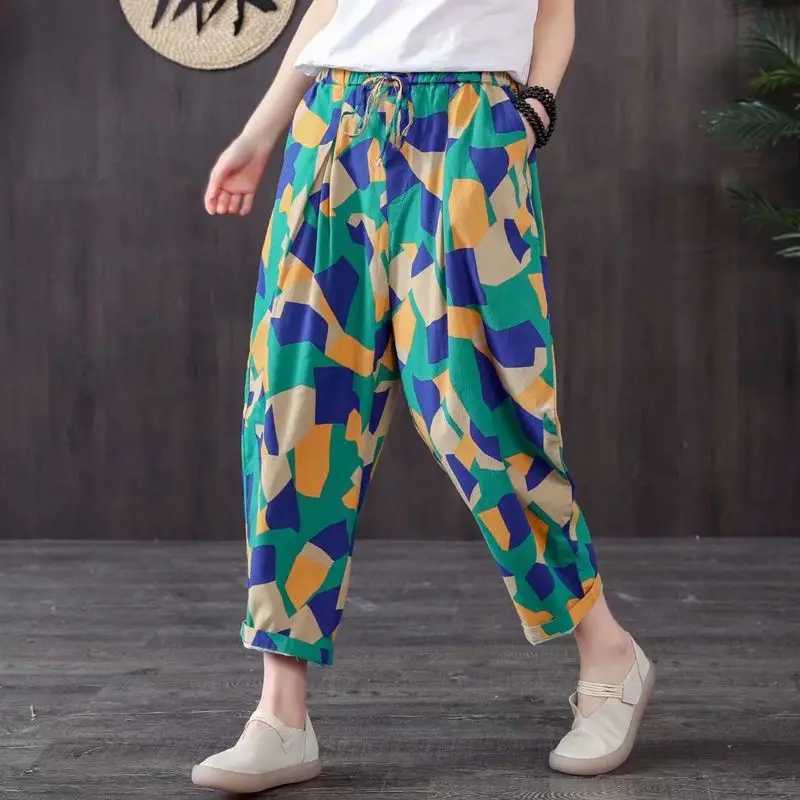 Summer harem pants for women retro fashion printed loose cotton linen pants womens casual wide leg pantsXJ250403