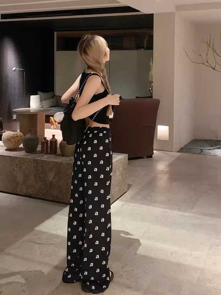 2025 Spring/Summer Womens Printed Casual Pants Loose Wide Leg Pants Straight Leg High Waist Strap PantsXJ250403