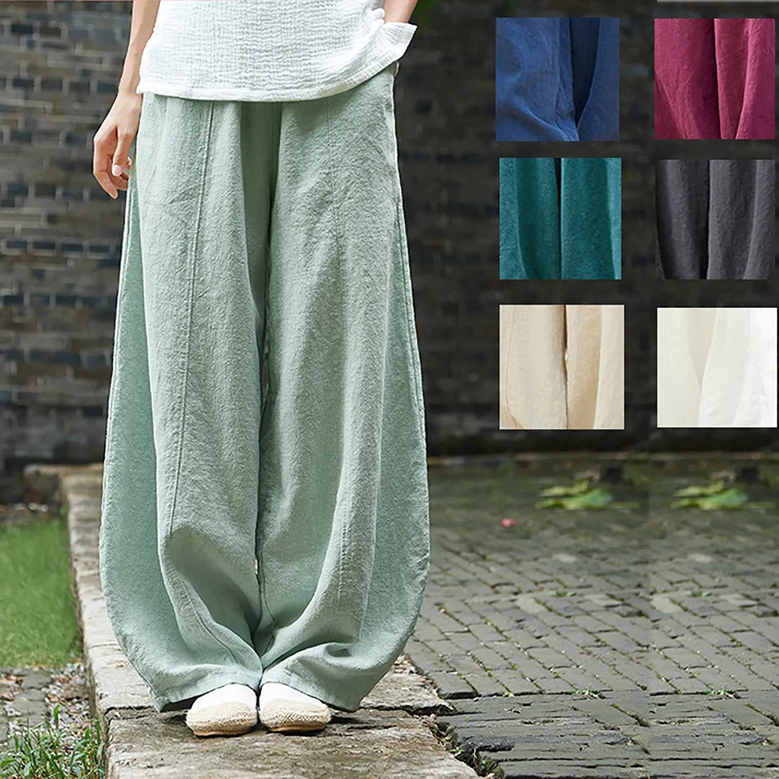 Linen pocket elastic breathable Trouser wide leg Trouser 2023 loose cotton waist pants womens pantsXJ250403
