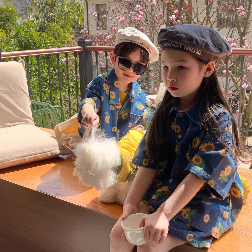 1-7 year girl and boy casual summer printed denim suit baby and children soft denim suit shirt+shorts 2 pieces S2548