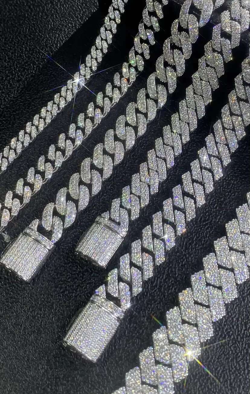Popular 10mm Moissanite Diamond Prong Cuban Link Chain VVS Pass Diamond Tester 925 Sterling Silver Gold Cuban Link Chain