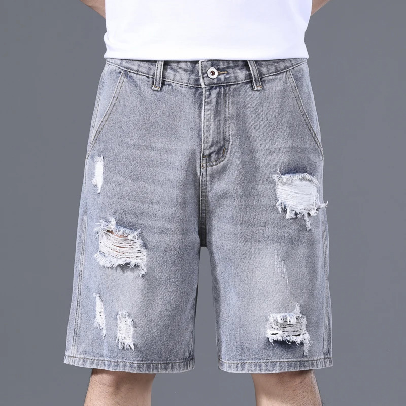 Vintage Ripped Denim Shorts Mens Fashion Loose Summer Shorts Y2k Hip-Hop Knee-length Hole Short Jeans Casual Mens Clothing 250407