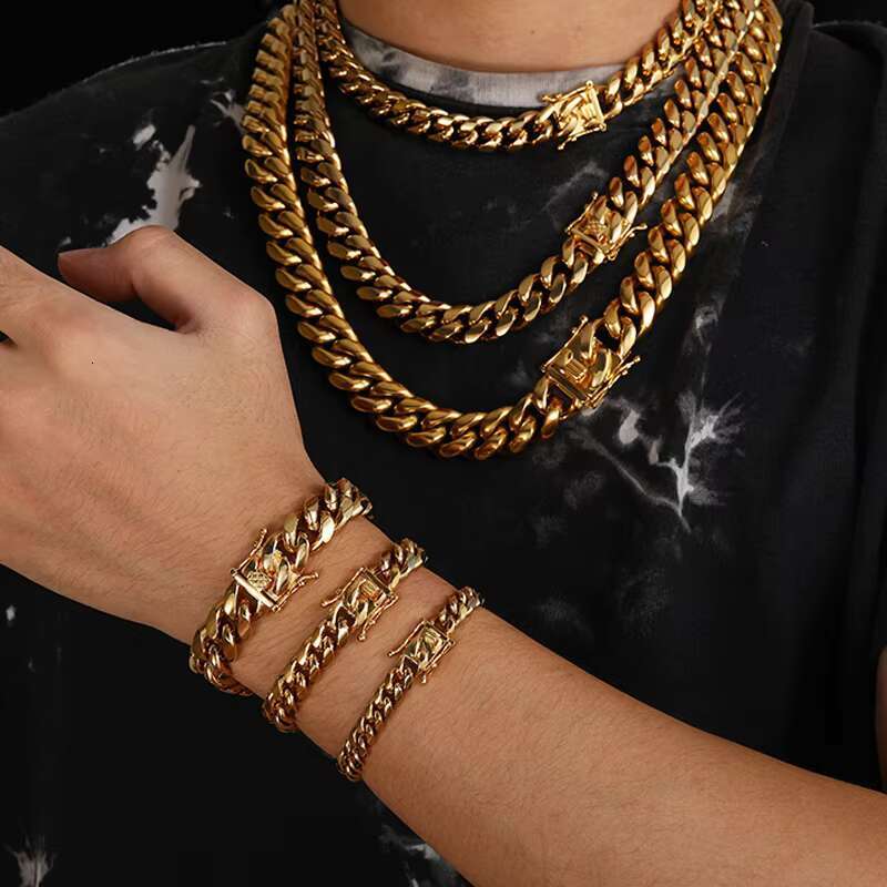 Fashion Jewelry Hip Hop Men 14K 18K Gold Filled Plated Stainless Steel Miami Cuban Link Chain Necklace