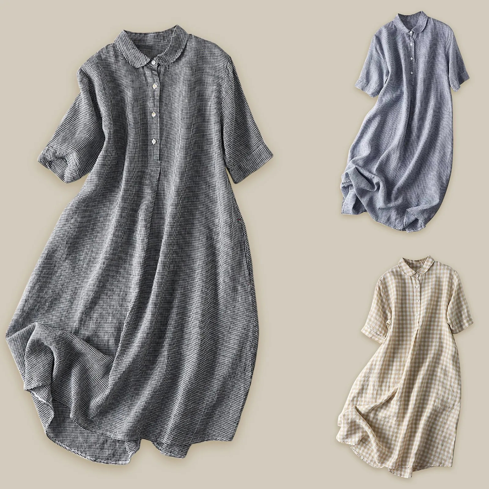 Womens casual cotton linen plain weave shirt dress Korean fashion short sleeved oversized long skirt spring and summer 250409