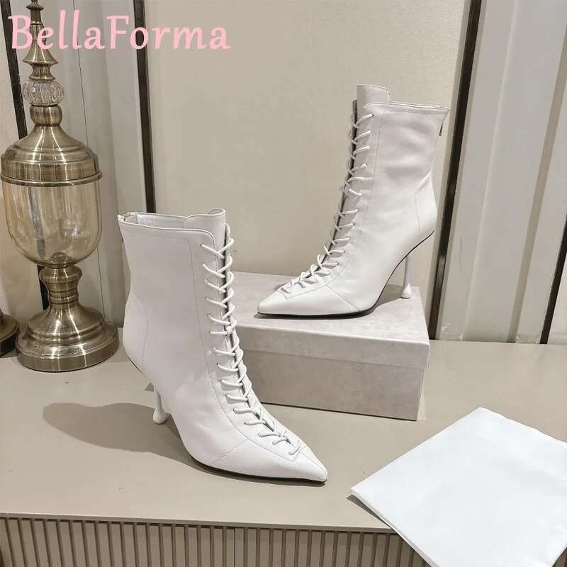 Women's Cross-Strap Pointed Fashion Simple Design Street Catwalk Mature Elegant Teardrop-Shaped Heel Zipper Short Boots