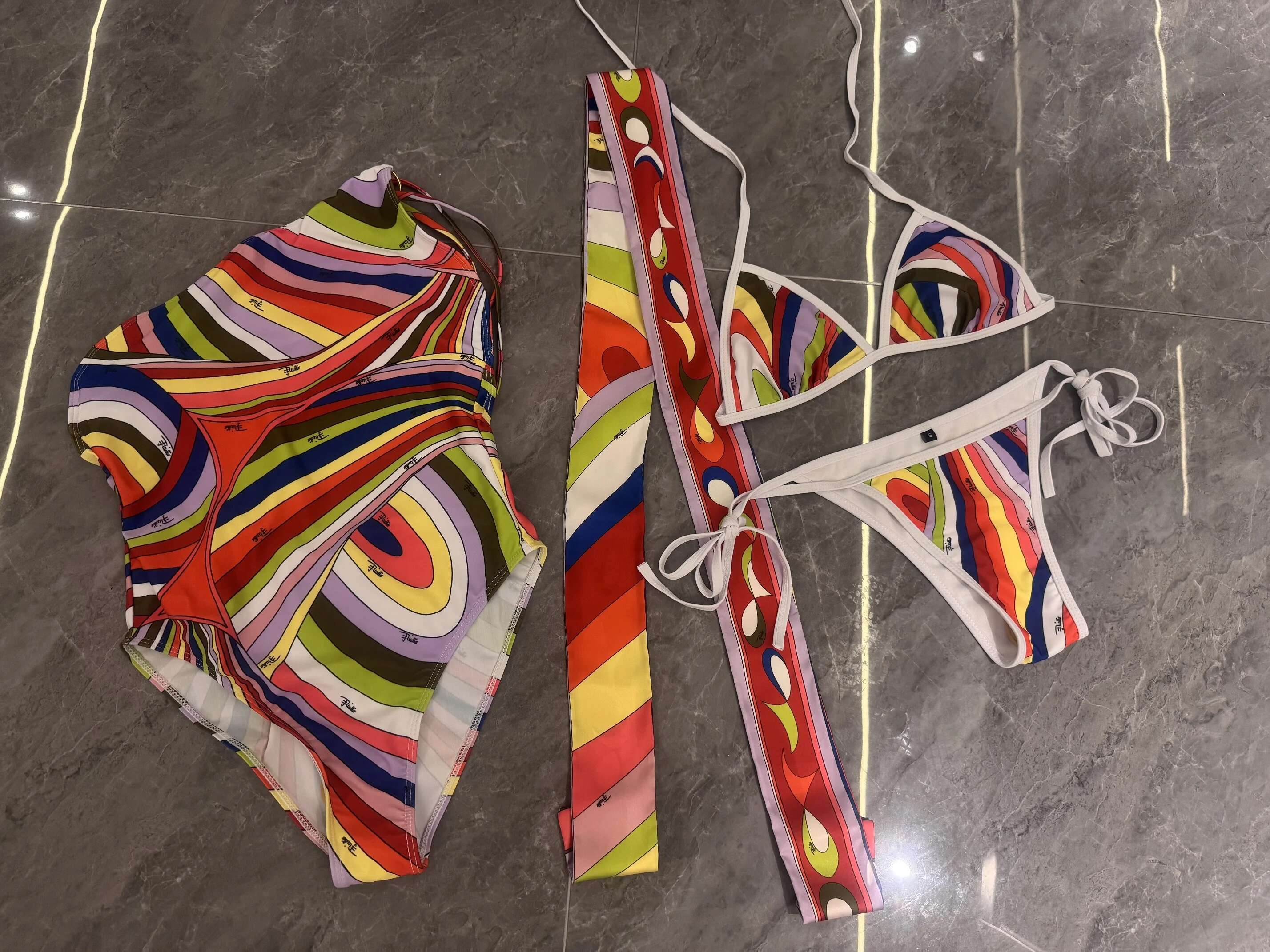 Scarf Bikini Sarong Women striped Swimwear Three Piece Of Bathing Suit