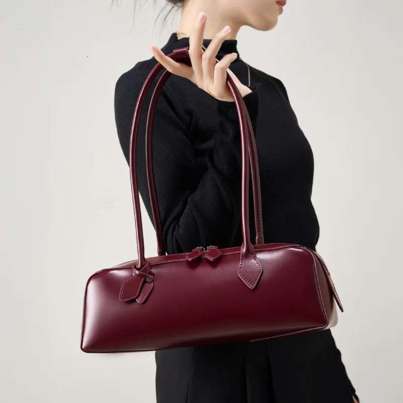 New Maroon Coffee Color England Style Women Armpit Bag Hard Split Cow Leather Female Long Handle Tote Horizontal Handbag