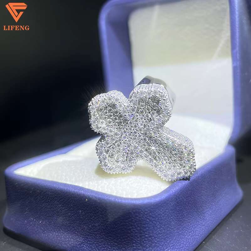 High Quality White Gold Plating Moissanite Cross Ring Fashionable Cuban Style for Men and Women for Engagement